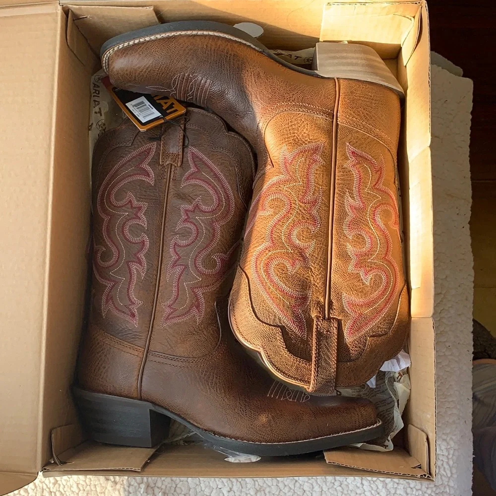 Ariat Brown Leather Western Heeled Boots with Pink Stitching - Picture 1 of 4